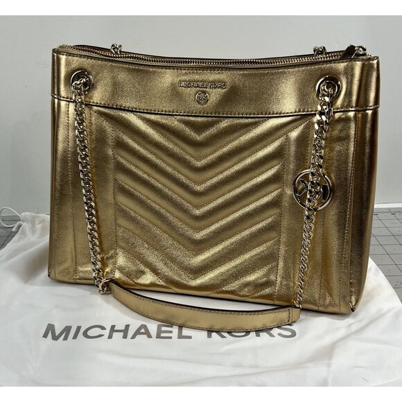Michael Michael Kors Susan Metallic Medium Shoulder Bag Pale Gold New Chain - Picture 1 of 13
